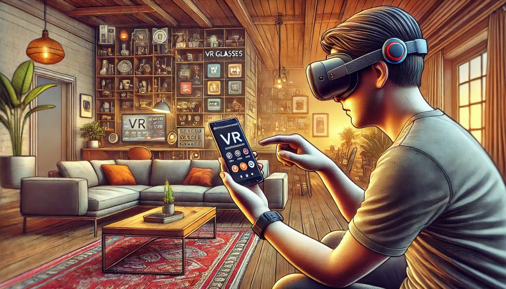 A detailed digital painting illustrating a person checking VR glasses compatibility with a smartphone while sitting on a modern couch. The person holds VR glasses in one hand and a smartphone in the other, with VR apps displayed on the phone screen. The scene features warm lighting, realistic textures, and a tech-savvy atmosphere, with vibrant colors, soft brush strokes, and natural light effects enhancing the modern interior design.