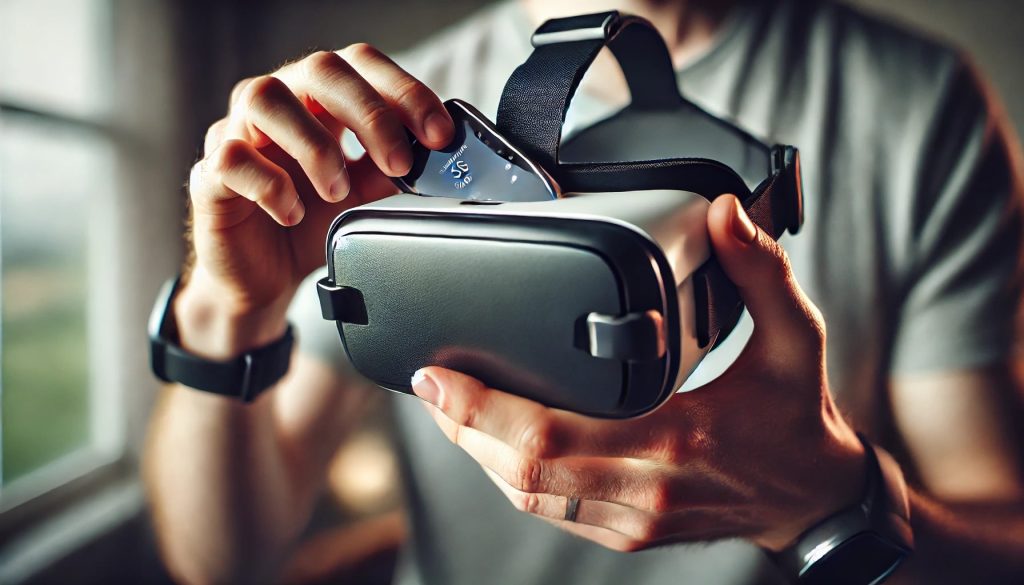 A close-up view of a person inserting a smartphone into a VR headset's holder, ensuring it is securely fastened. The hands are gently pushing the smartphone into the sleek and modern VR headset, which features visible straps and padding. The background is blurred to emphasize the action, with soft lighting highlighting the devices and hands.