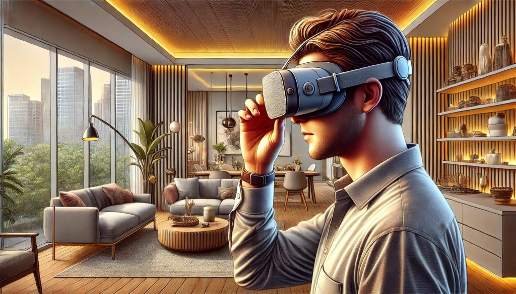 A detailed illustration of a person adjusting the straps of VR glasses in a modern living room. The setting features a cozy ambiance with warm lighting and realistic textures. The room is decorated with comfortable furniture and decorative items, all rendered in vibrant colors with soft brush strokes. Natural light effects enhance the scene, showcasing the person with realistic proportions, immersed in adjusting their VR headset.