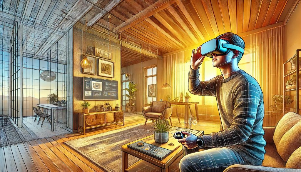 A detailed illustration of a person calibrating VR headset lens spacing by following on-screen instructions, seated in a modern living room with a comfortable ambiance. The room features warm lighting, realistic textures, and a tech-savvy atmosphere. The scene includes digital painting techniques with high-resolution, vibrant colors, and soft brush strokes. The modern interior design has realistic proportions and natural light effects. The person appears focused, carefully adjusting the VR headset.