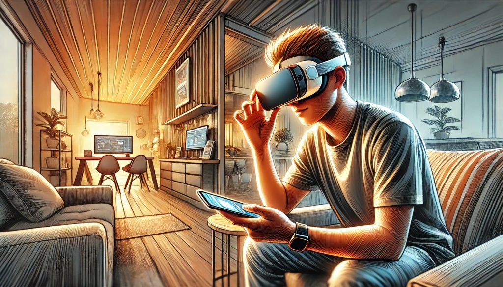 A person opening a VR app on their smartphone, aligning the screen with the headset's lenses, seated in a modern living room. The room features warm lighting, realistic textures, and a tech-savvy atmosphere with modern interior design. Natural light effects enhance the vibrant colors and soft brush strokes of the digital painting. The person is realistically proportioned, engaging with the interactive technology.