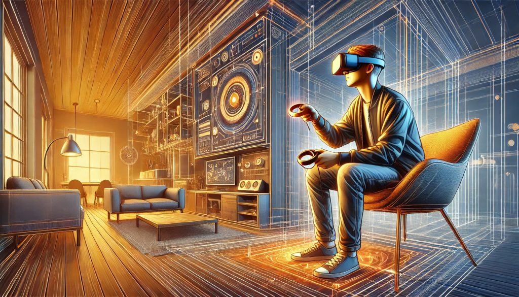 A detailed digital illustration of a person using a VR headset's built-in controls to navigate through a VR interface, seated in a modern living room. The scene features warm lighting, realistic textures, and a tech-savvy atmosphere. The room showcases modern interior design with vibrant colors, soft brush strokes, and realistic proportions. Natural light effects enhance the interactive technology, creating an inviting and high-tech environment.