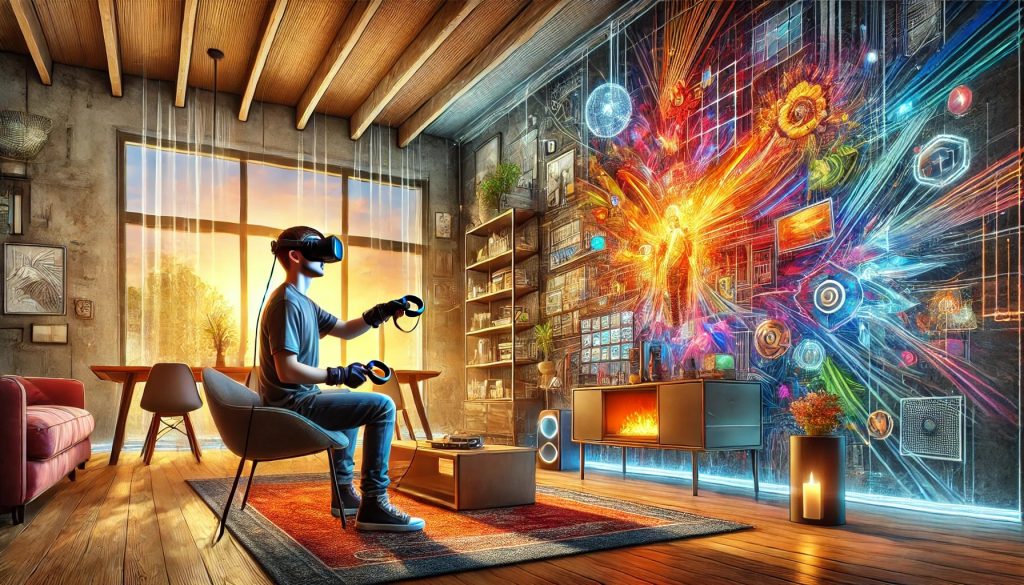 A person is fully immersed in a VR game, seated in a modern living room with sleek furniture and large windows letting in natural light. The individual is wearing a VR headset and gloves, dynamically engaging with colorful virtual elements. The scene features warm lighting, realistic textures, and various tech gadgets, creating a tech-savvy atmosphere. The image is a high-resolution digital painting with vibrant colors and soft brush strokes.