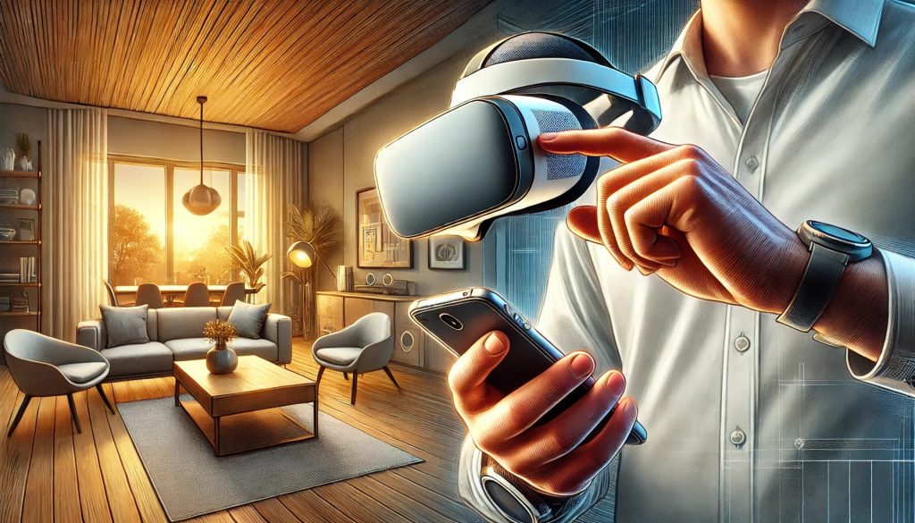 A detailed digital painting of a person carefully removing their smartphone from a VR headset in a modern living room. The room features warm lighting, realistic textures, and a tech-savvy atmosphere. The interior design includes modern furniture and interactive technology elements, all depicted with vibrant colors, soft brush strokes, and natural light effects. The person is handling the device with care, ensuring proper handling.