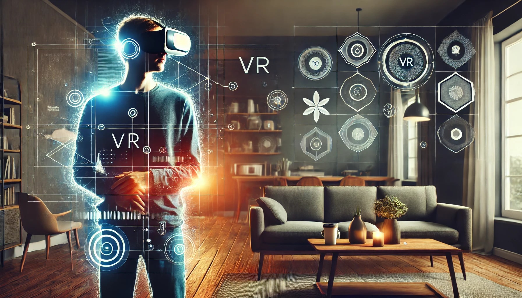 VR 안경을 쓴 사람이 현대식 거실에 서서 가상현실 체험에 몰입하고 있습니다. 주변에는 홀로그램 요소와 인터랙티브 아이콘이 보입니다. 배경은 소파, 커피 테이블, 화분 몇 개 등 아늑한 분위기의 세련되고 현대적인 디자인으로 꾸며져 있습니다. 이 장면은 생동감 있고 흥미진진하여 VR 글래스 사용의 즐거움을 잘 보여줍니다.