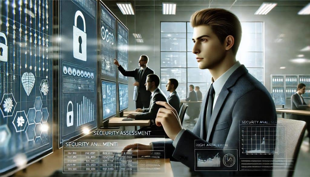 A detailed digital illustration of a cybersecurity specialist conducting an assessment in a corporate office. The specialist has a focused expression and is surrounded by multiple screens displaying security data. In the background, colleagues are discussing findings. The scene features soft, professional lighting, a realistic depiction, and a clean, high-resolution design, capturing a corporate atmosphere.