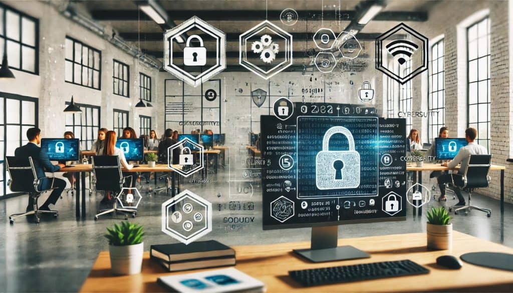 A computer screen displaying cybersecurity symbols and UI elements, including icons of locks, shields, and coding lines, in a modern office environment. The background features employees working at their desks, blending online modules and in-person workshops, with a mix of virtual and real-life training tools.