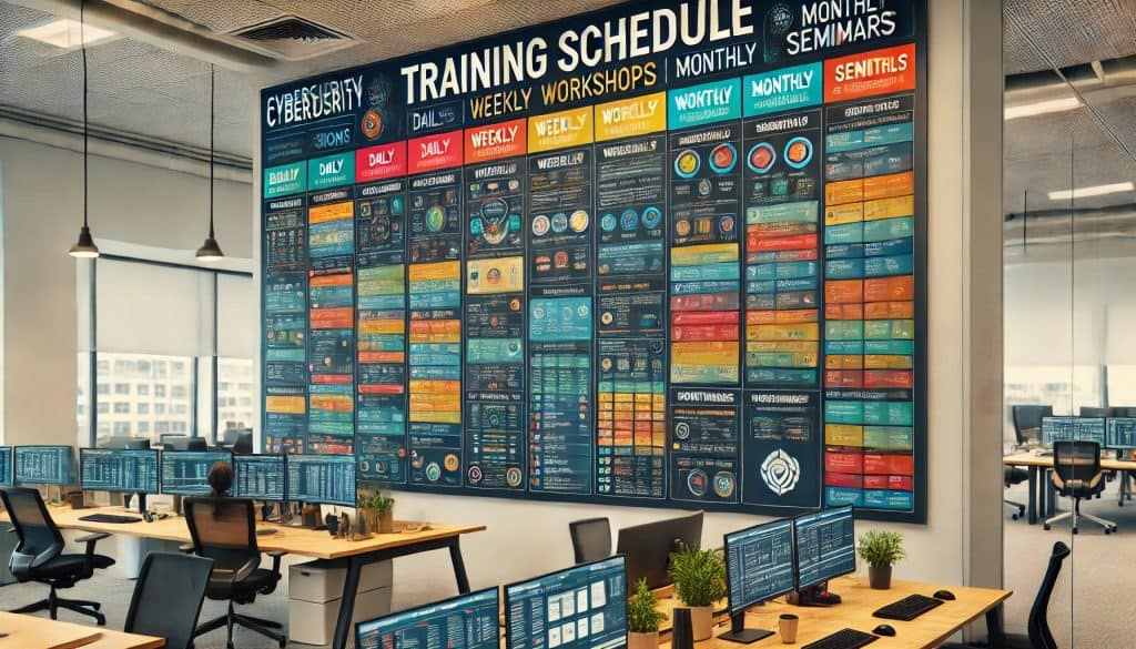 A colorful and well-organized training schedule board mounted on a wall in a modern office setting. The board features various sections like 'Daily Sessions,' 'Weekly Workshops,' and 'Monthly Seminars,' each color-coded in blue, green, yellow, and red. It includes session titles, timings, and brief descriptions. In the background, the office environment shows desks, computers, and a few employees engaged in their tasks, creating a professional atmosphere focused on cybersecurity training.