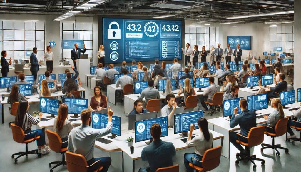 Employees participating in an interactive cybersecurity quiz in a modern office setting. The room is filled with desks and computers, with employees attentively looking at screens displaying quiz questions. Some employees are raising their hands to answer, while others are discussing in small groups. A large screen at the front of the room shows a leaderboard and quiz timer. The atmosphere is engaging and collaborative, with diverse employees of different ages and ethnicities actively participating.