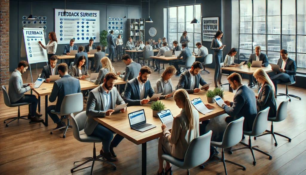 A modern office setting with employees filling out feedback surveys after cybersecurity training. The diverse group is seated around a large conference table, using a mix of paper forms and laptops. The office features glass walls, whiteboards, and motivational posters. The atmosphere is serious yet collaborative, with some employees quietly discussing their responses.