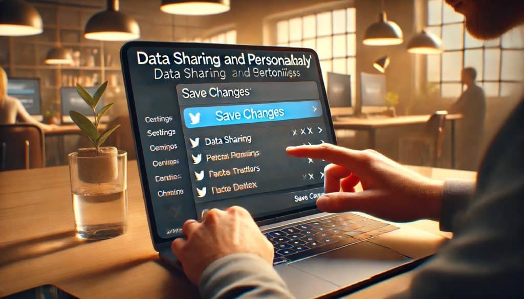 A person is using a laptop in a modern office setup with warm ambient lighting. The laptop screen displays the "Data Sharing and Personalization" settings page on X (formerly Twitter), with the user scrolling to the bottom to locate the "Save changes" button. The image is in high-definition quality with realistic details and a clear focus on the screen, depicted in a contemporary style.