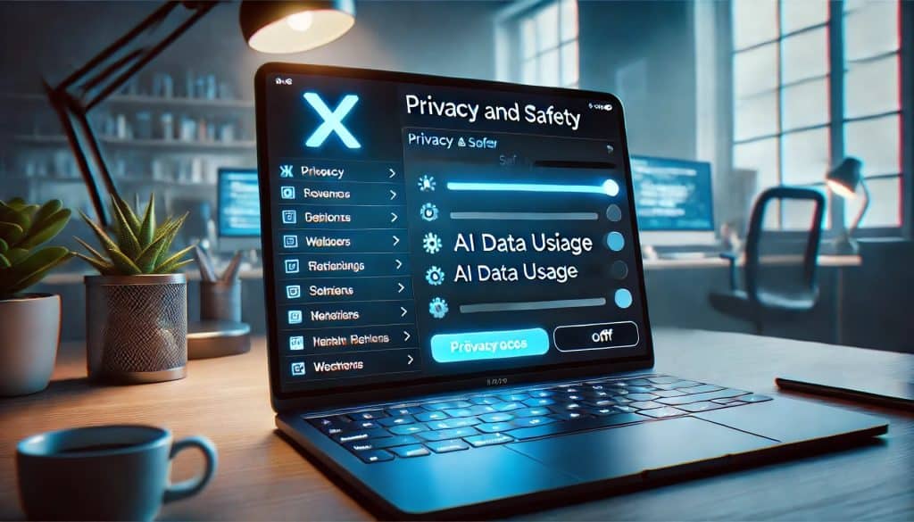 A high-definition image of a laptop screen displaying the "Privacy and Safety" settings on X (formerly Twitter), with the AI data usage setting turned off. The background is slightly blurred, showing a tidy workspace illuminated by cool blue lighting. The image has sharp details, high contrast, and a sleek design.