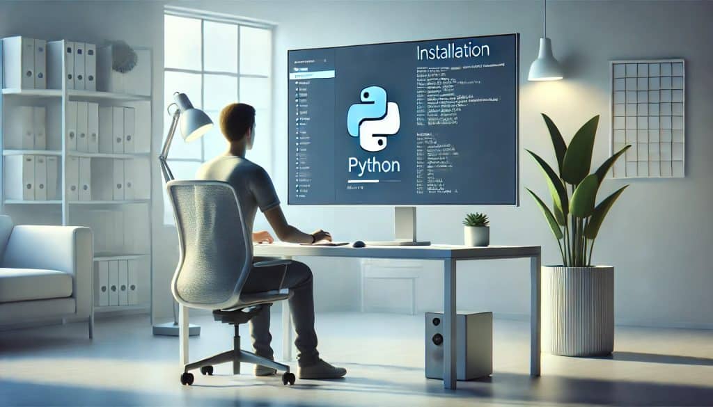 A 3D render of a developer installing Python on a computer. The developer, in a relaxed pose, is viewed from a straight-on angle in a minimalist office background. The background includes a large monitor displaying Python installation steps, a potted plant, and an ergonomic chair. The scene features cool tones, soft ambient lighting, and highlights on the monitor screen, with clean lines, realistic textures, and a natural, tech-savvy feel in a contemporary design.