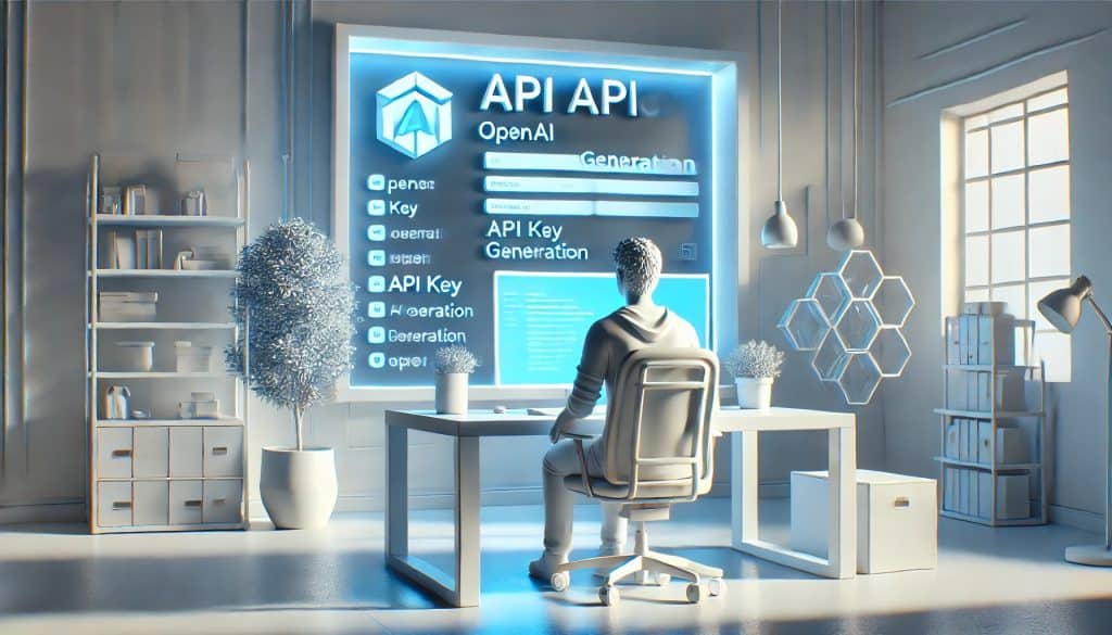 A 3D render of a developer navigating the OpenAI API section in a relaxed pose at a straight-on angle. The minimalist office background features a large monitor displaying API key generation steps, a potted plant, and an ergonomic chair. The scene uses cool tones and soft ambient lighting with highlights on the monitor screen. The design is clean with realistic textures, HD quality, and a contemporary, tech-savvy feel.