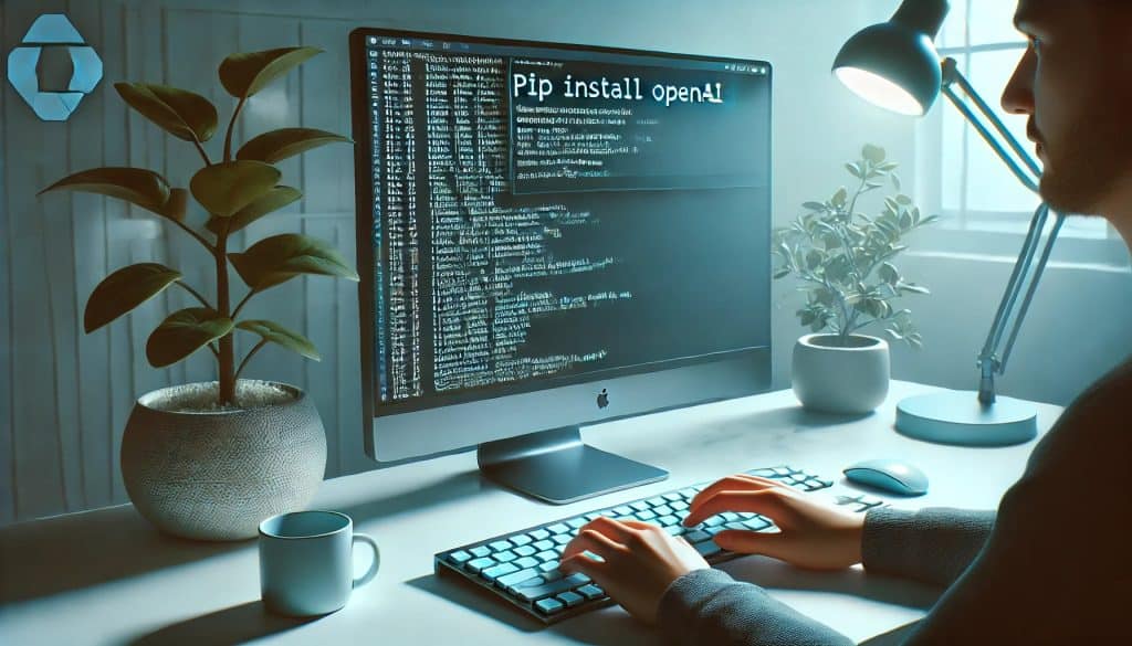 A 3D render of a terminal window executing the command 'pip install openai'. A developer's hand rests on the keyboard in a relaxed pose, viewed from a straight-on angle. The minimalist office background features a large monitor displaying terminal commands, a potted plant, and an ergonomic chair. The scene is lit with cool tones and soft ambient lighting, with highlights on the monitor screen. The image has clean lines, realistic textures, HD quality, and conveys a tech-savvy, contemporary, and productive atmosphere.