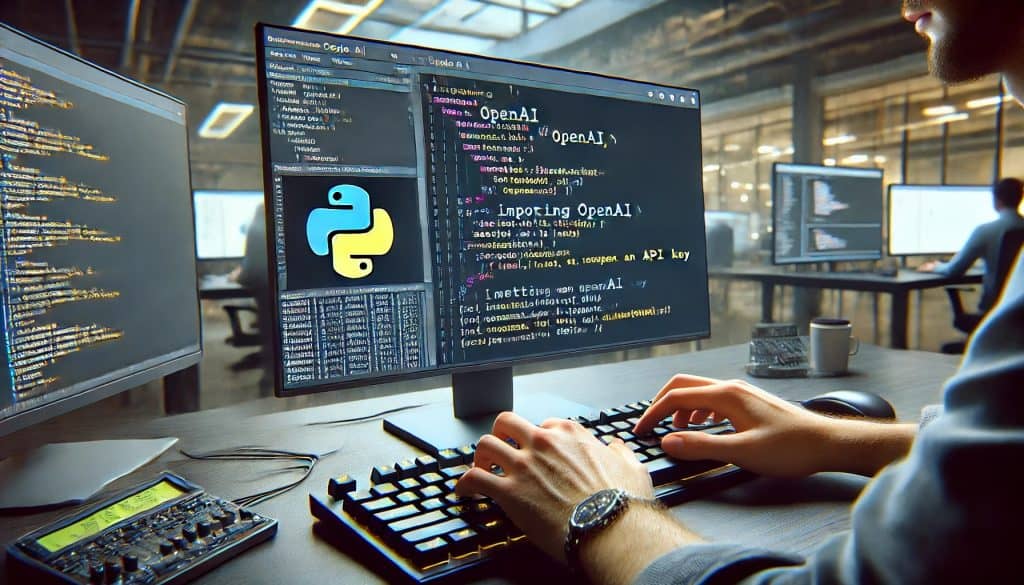 A photorealistic image of a modern office setting with a close-up view of a developer's hands typing on a keyboard. The code editor on the screen shows Python code for importing OpenAI and setting up an API key. The background features multiple monitors displaying code editors, subtle reflections, and ambient office lighting. The lighting is cool with neutral tones, and the screen's glow is visible on the developer's face. The image is high-resolution, with sharp focus and depth of field, capturing a natural and professional environment with a technological atmosphere.