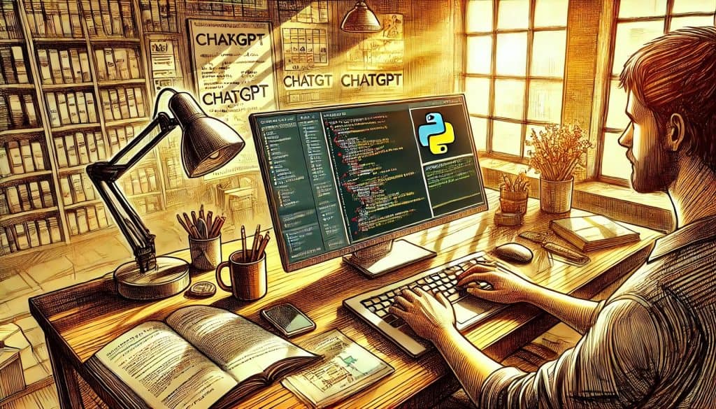 A digital illustration of a developer running a Python script in a code editor. The organized desk features a laptop displaying terminal output from ChatGPT. The scene includes coding books, a coffee cup, and setup guides in the background, with a large window allowing bright natural light to stream in. The illustration uses warm tones, with sunlight creating shadows on the desk. The image has sketch-like strokes, vibrant colors, detailed textures, and a natural, modern look, reflecting a professional tech setup.