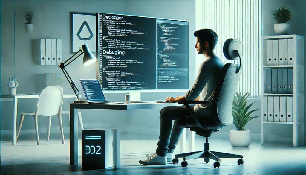 A 3D render of a developer debugging an app in a minimalist office. The developer is seated in an ergonomic chair, focused and relaxed, with a large monitor in front displaying a code editor and terminal window with error messages. The office background includes a potted plant. The scene uses cool tones and soft ambient lighting, with highlights on the monitor screen. The rendering features clean lines, realistic textures, and a contemporary design, conveying a tech-savvy, productive atmosphere.