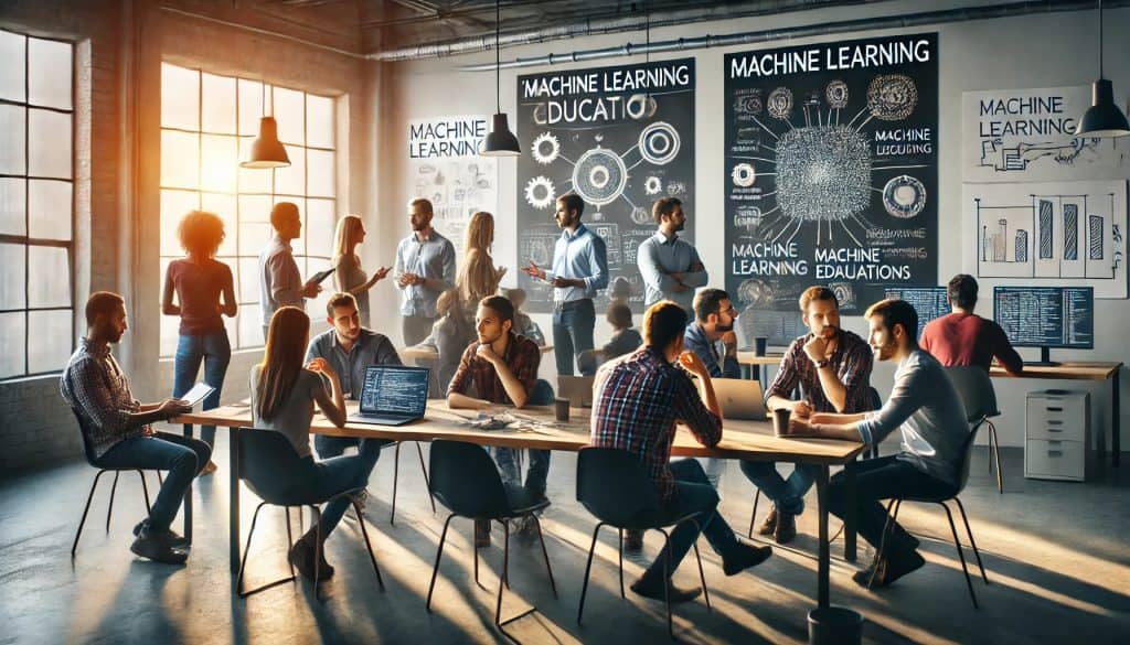 A diverse group of professionals engaged in a machine learning workshop. They are in a tech-centric workspace with posters explaining "Machine Learning" on the walls. Participants are involved in hands-on activities and interactive discussions, illuminated by soft ambient lighting that casts shadows, highlighting their engagement. The scene is captured with high-definition clarity, emphasizing machine learning education and a collaborative learning environment.