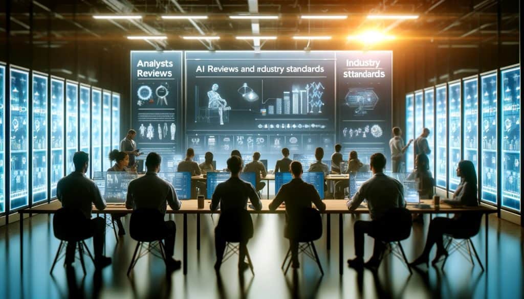 A team of analysts is working in a high-tech workspace, reviewing reviews and industry standards. They are surrounded by screens displaying AI product reviews, charts, and graphs. The workspace has soft fluorescent lighting, with shadows highlighting the concentration of the analysts. The scene is detailed and collaborative, with a tech vibe and the analysts dressed in professional attire. The image is captured with high-definition clarity and realism.