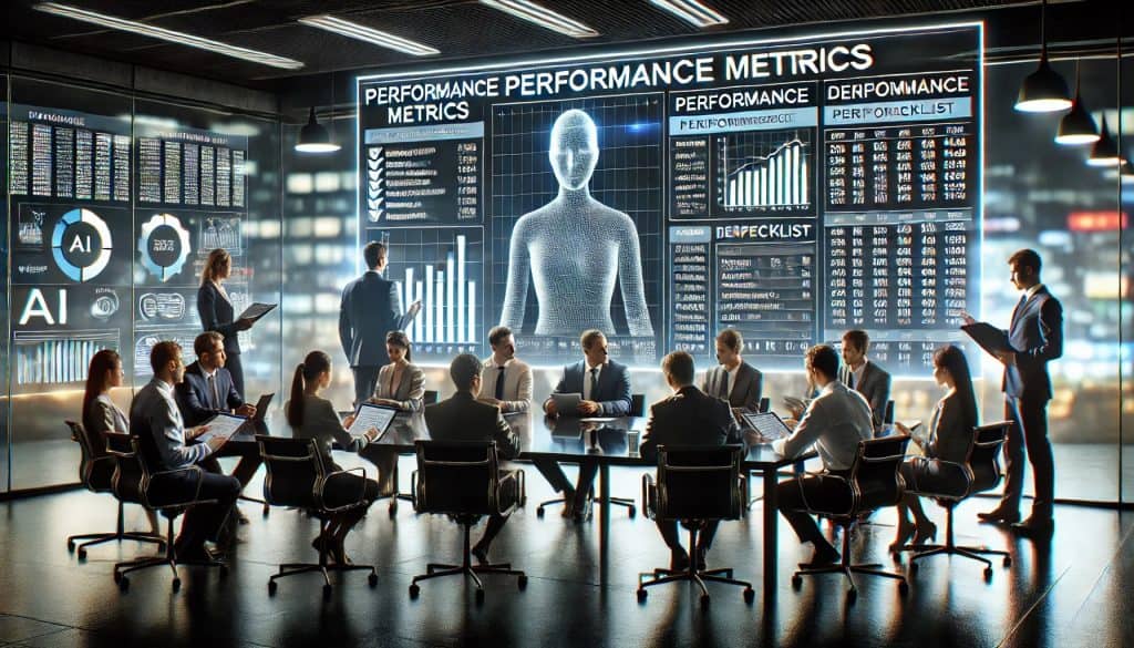 A group of experts in a conference room assessing performance metrics of an AI product using a comprehensive checklist. They are collaboratively and analytically discussing the metrics, with screens displaying performance charts in the background. The room is brightly lit with overhead lighting, casting shadows that emphasize the evaluation process. The image is captured with high-definition clarity, showcasing a formal business setting.