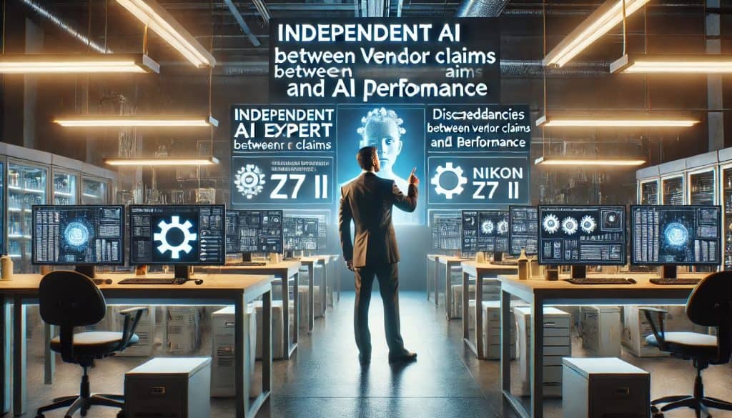 An independent AI expert in a research lab is highlighting discrepancies between vendor claims and AI performance. The scene is professional and methodical, with the expert explaining findings displayed on screens showing data analysis. The background includes various lab equipment, bright LED lighting, and shadows that emphasize the thorough evaluation process. The image is captured in high-definition, featuring detailed analysis aesthetics and AI technology verification.