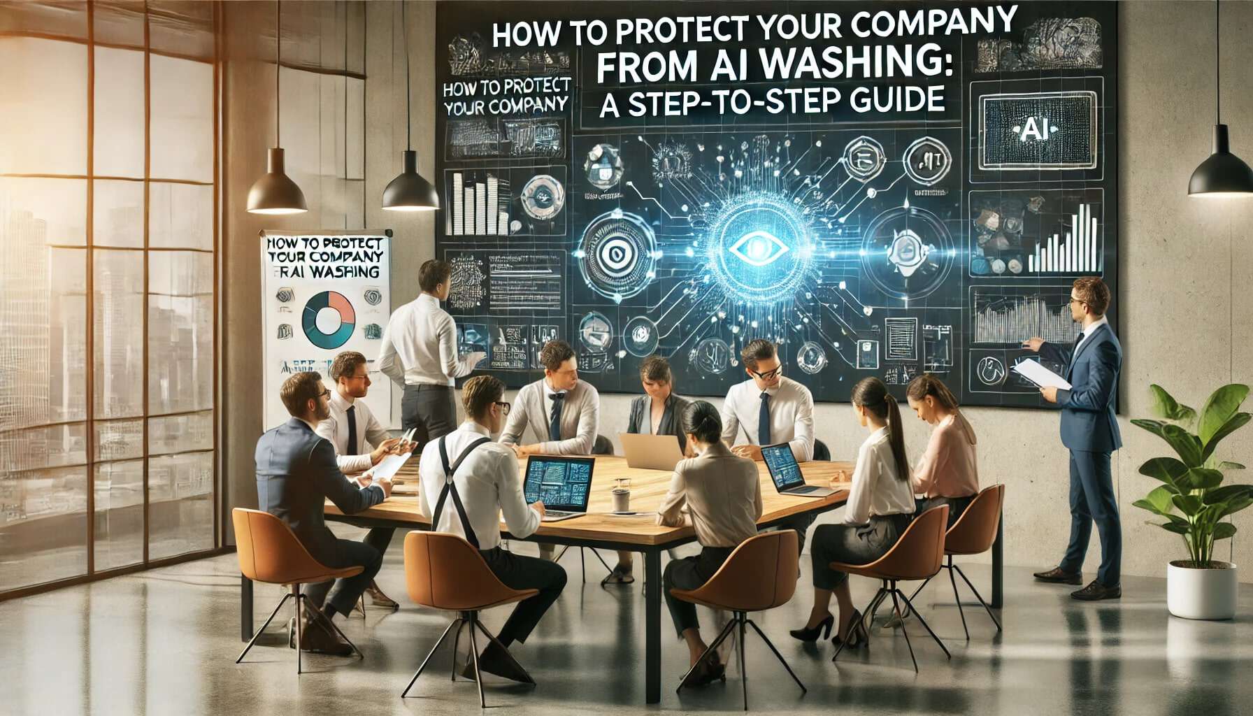 A modern office with diverse professionals around a table, analyzing documents and AI visuals on a large screen. The title "How to Protect Your Company from AI Washing: A Step-by-Step Guide" is displayed at the top in bold font.