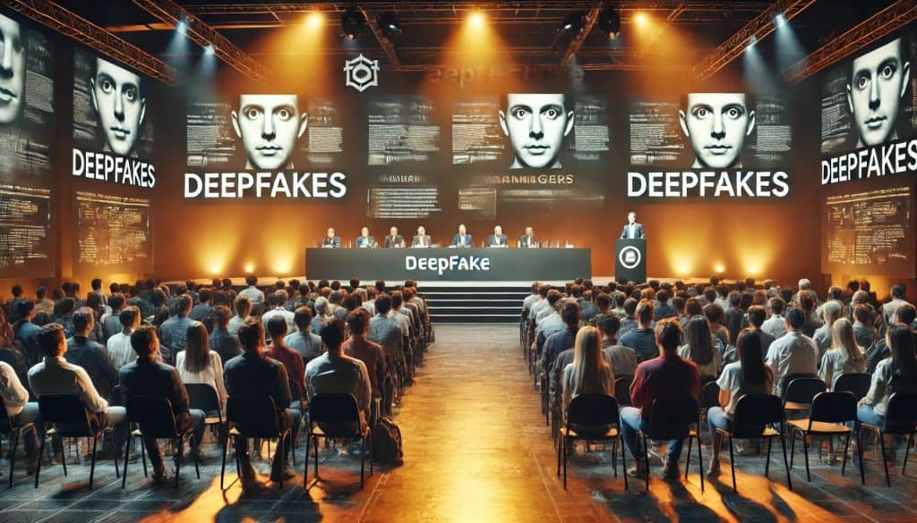 A public seminar about the dangers of deepfakes. A speaker stands on stage with a large screen behind them showing deepfake examples. The audience watches attentively, seated in a well-lit seminar hall. The background includes banners about cybersecurity. The lighting is warm with spotlights creating high contrast, giving a professional and cinematic atmosphere. The scene is realistic with detailed audience reactions, a professional stage setup, and impactful visual aids.