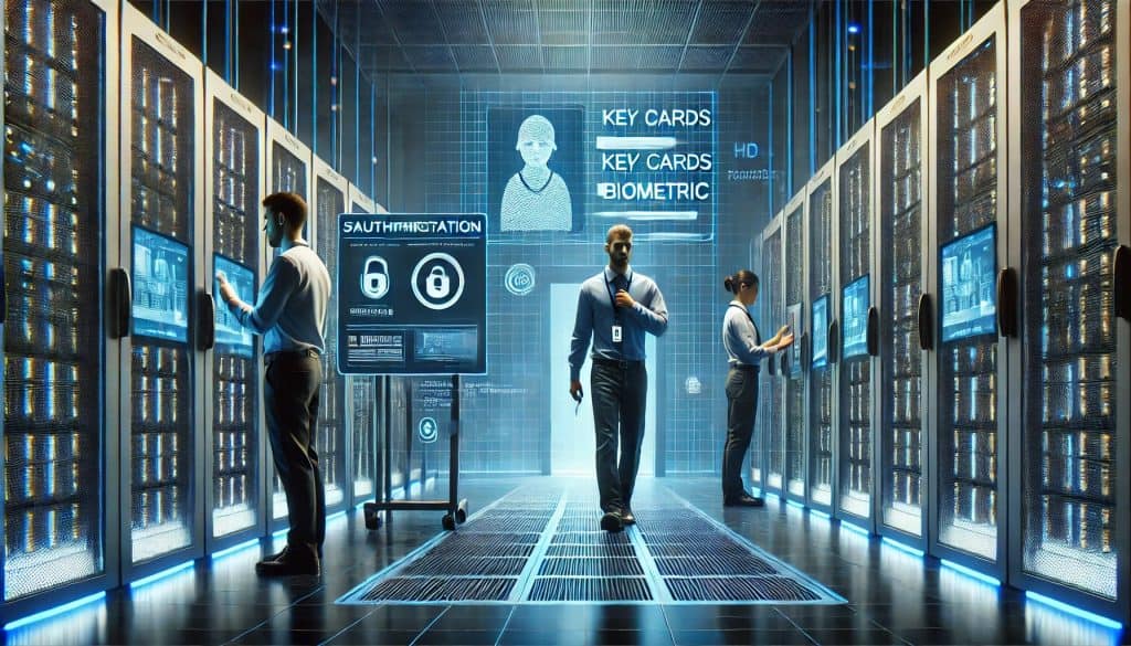 A secure data center with dim lighting and blue accents. Technicians access servers using key cards and biometric scans. Rows of servers and digital displays showing security protocols are visible in the background. The setting features realistic and detailed tech equipment, professional technician interactions, and a high-tech security environment, inspired by cyberpunk lighting. The image has a professional photography quality with high contrast.