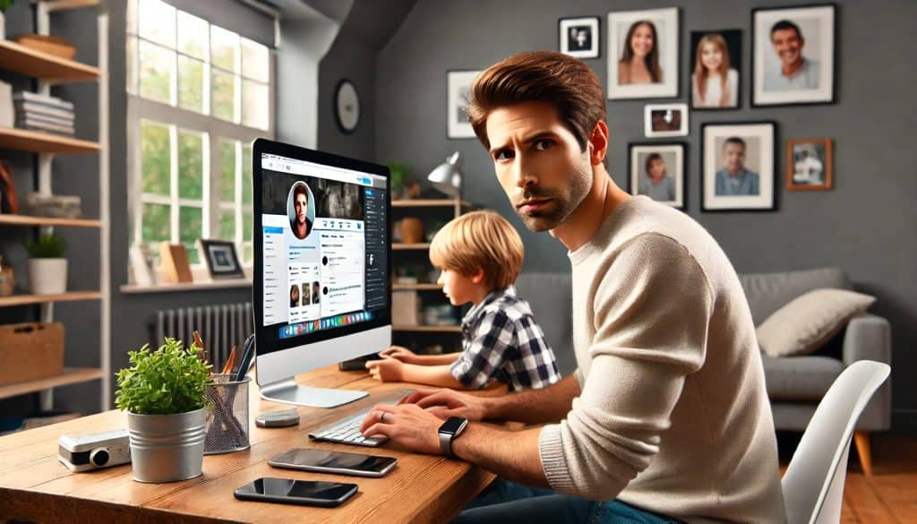 A parent with a concerned expression monitors their young child's online activity in a modern home office. The setting includes a computer desk with digital devices, family photos on the wall, and a clean, bright environment with neutral tones. The scene conveys a protective parental interaction in a comfortable and organized atmosphere.