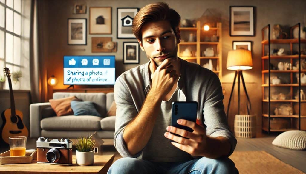 A person with a thoughtful expression is reconsidering sharing a photo of themselves online, holding a smartphone in a cozy living room. The background features personal items, modern decor, and digital devices. The room is lit with warm and soft lighting, using natural tones, creating a comfortable and inviting atmosphere. The scene captures a realistic home environment with detailed tech devices and modern home aesthetics, evoking a sense of introspection and personal interaction.