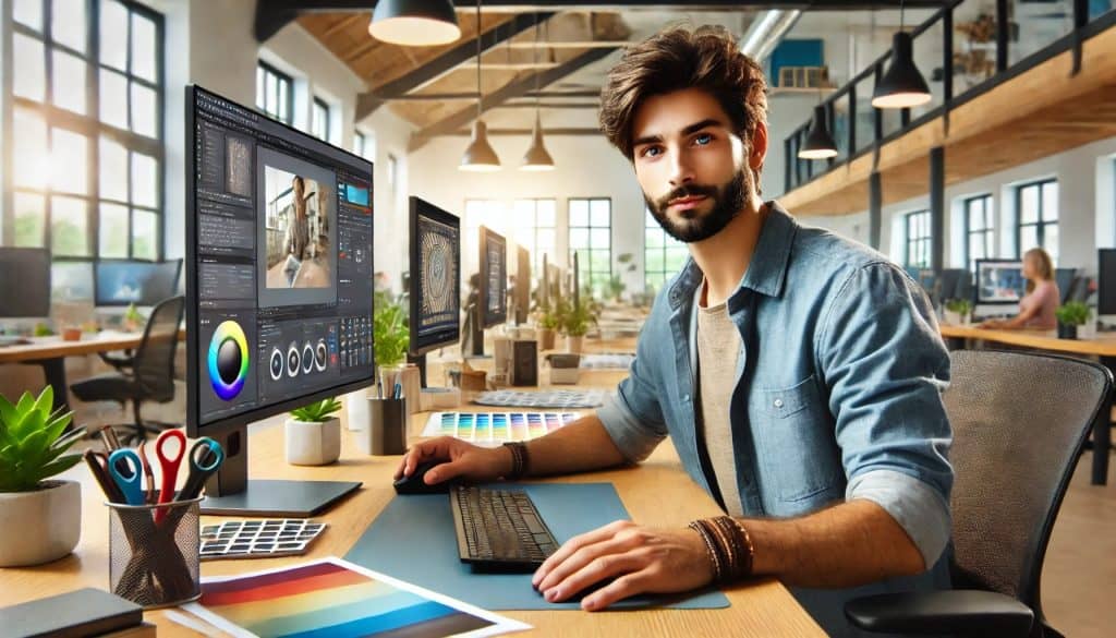 A graphic designer working on watermarking photos for online use in a modern office setting. The designer has a focused expression and is surrounded by multiple screens and various design materials. The environment features bright and even lighting with neutral tones. Detailed tech devices, high-detail digital tools, and elements of a dynamic design process are visible. The workspace exudes modern aesthetics, creating a natural look with HD quality.