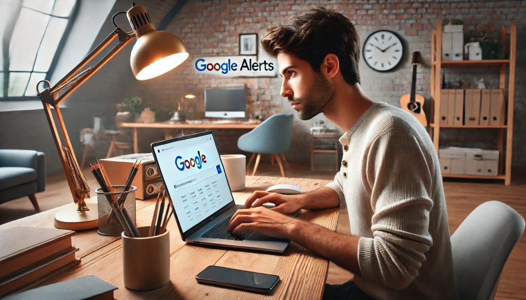 A person with a focused expression sets up Google Alerts on their laptop in a cozy home office. The background includes digital devices, personal items, and modern decor. The setting is bright and clean with neutral tones, showcasing a professional and organized atmosphere with modern home aesthetics. The scene is captured in high-definition quality with a natural look.