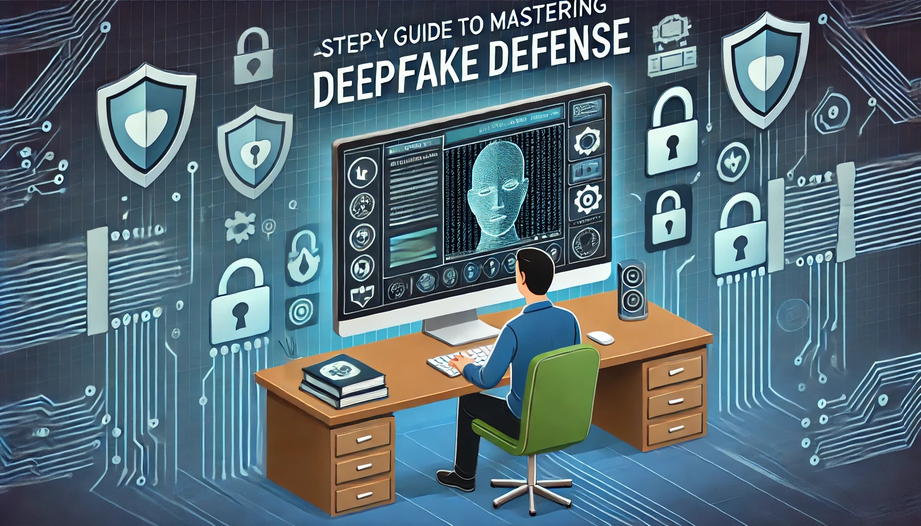 A dynamic 16x9 image for "Mastering Deepfake Defense: A Step-by-Step Guide" featuring a person working on a computer displaying a deepfake video analysis. The scene is surrounded by cybersecurity icons like locks and shields, with a tech-themed background in blue and green tones.