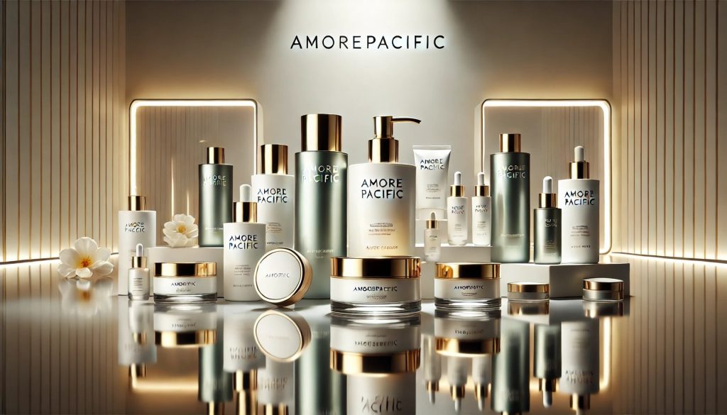 Amorepacific skincare products arranged elegantly with sleek packaging and soft lighting, highlighting luxury.