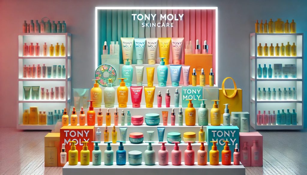 Tony Moly skincare products with colorful packaging, neatly arranged on a clean, modern surface.