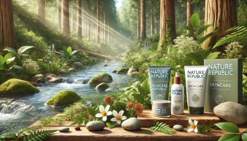 Nature Republic skincare products displayed on a wooden plank, surrounded by greenery, flowers, and sunlight.