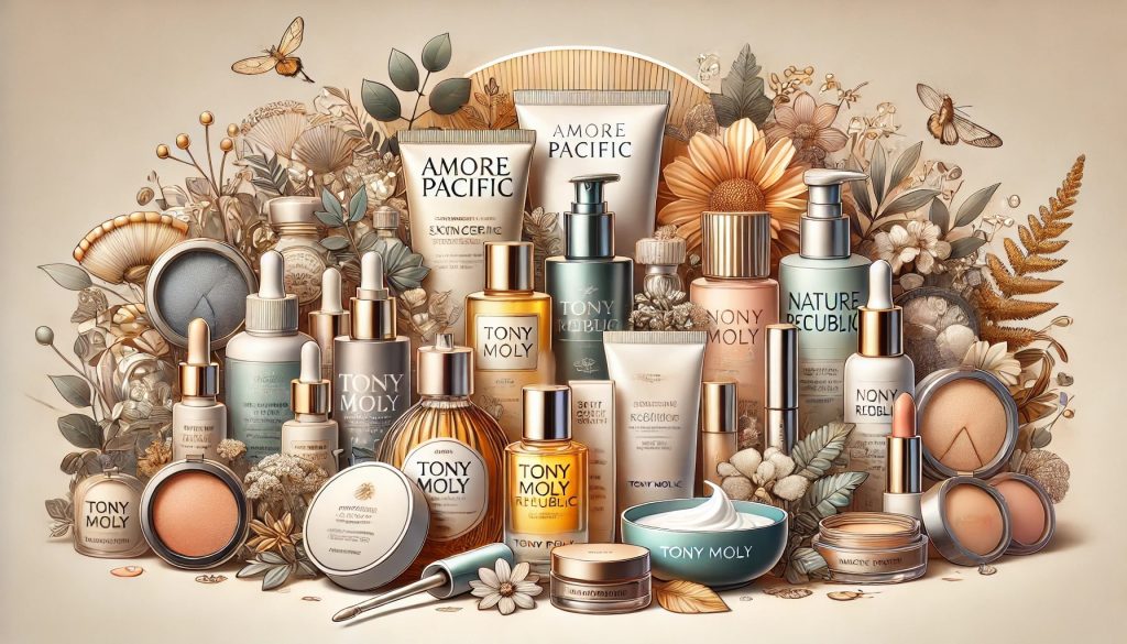 Featured image showcasing brands like Amorepacific, Tony Moly, and Nature Republic. The image displays their popular products like skincare creams, serums, and makeup, with distinctive packaging, logos, and a soft, elegant background adorned with flowers and leaves.