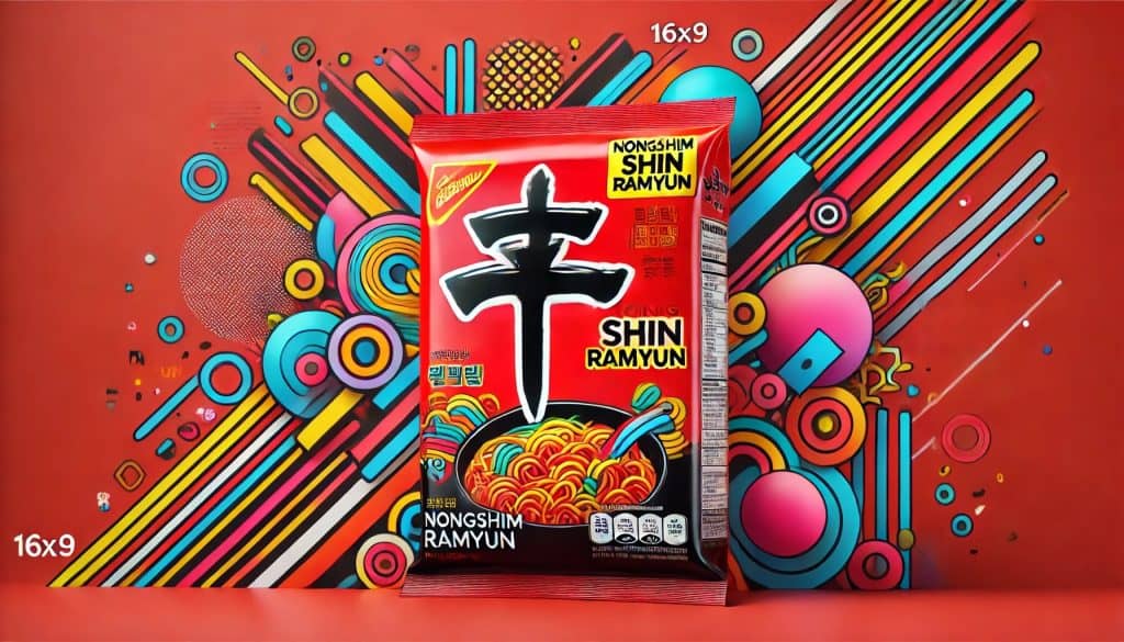 Nongshim Shin Ramyun package in a 16x9 image with bold red, black, and white design.