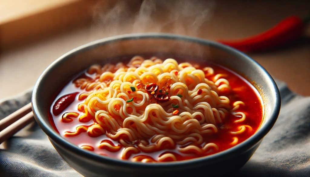 Close-up of Shin Ramyun noodles in spicy broth with steam, chili flakes, and vegetables.