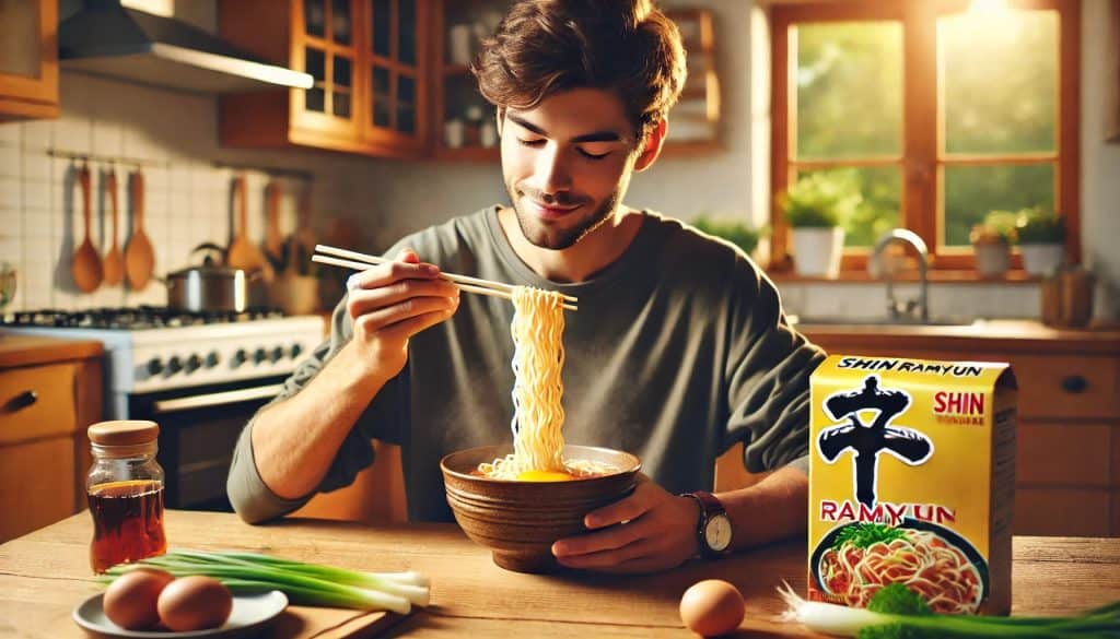 A person enjoys Shin Ramyun, lifting noodles with chopsticks at a cozy table.