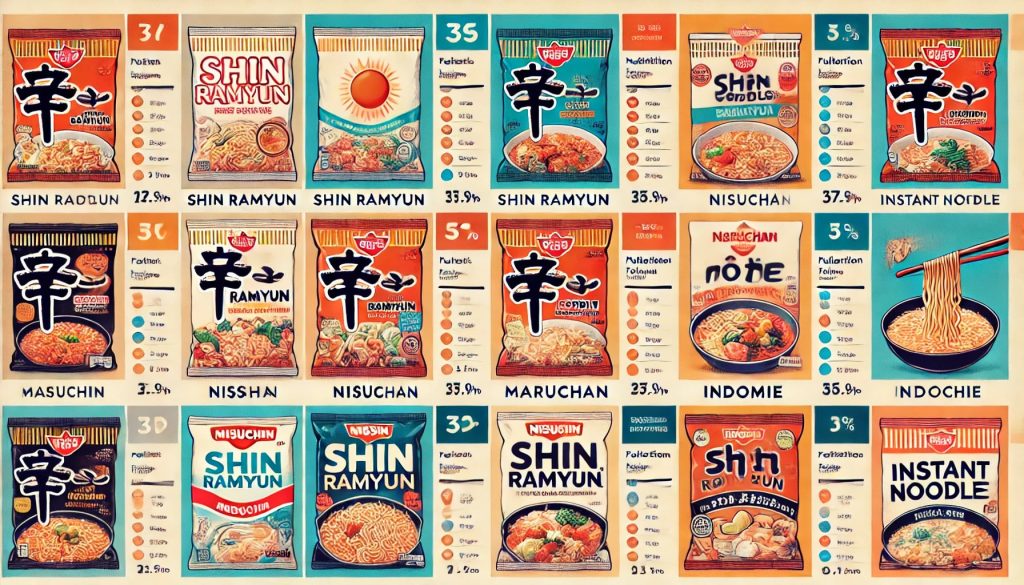 Comparison chart of instant noodle brands: Shin Ramyun, Nissin, Maruchan, Indomie with packaging and ratings. 