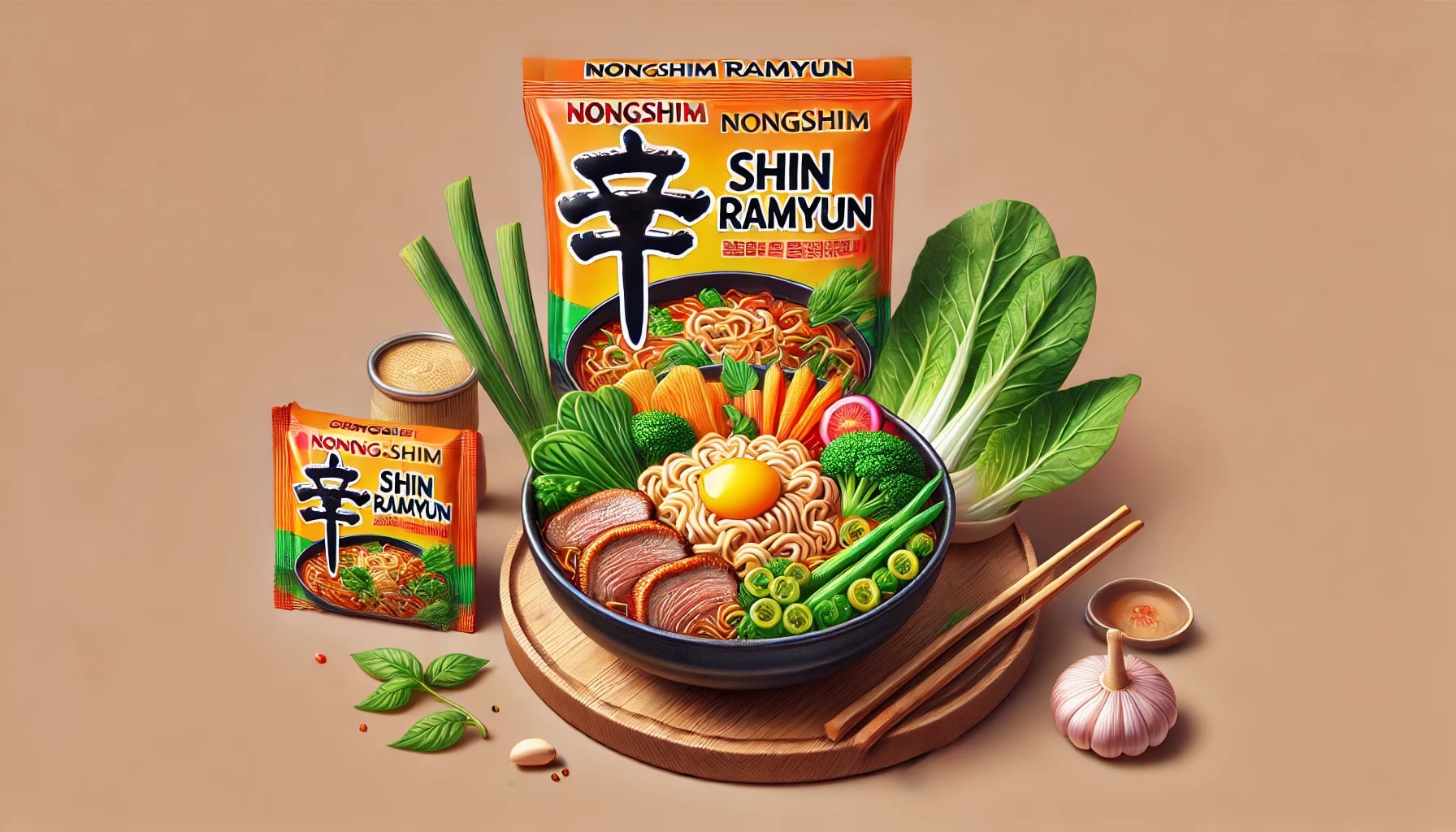 Bowl of Nongshim Shin Ramyun with broth, vegetables, beef slices, and packaging in the background.