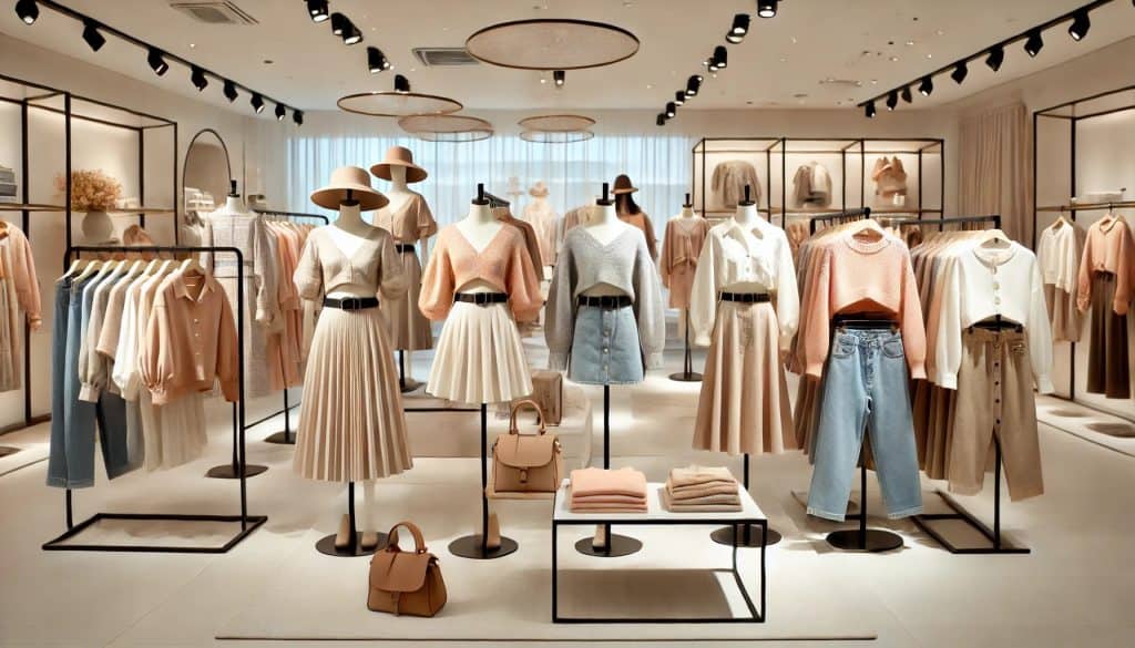 Fashionable Korean casual clothing in a modern boutique with pastel outfits on mannequins and racks.