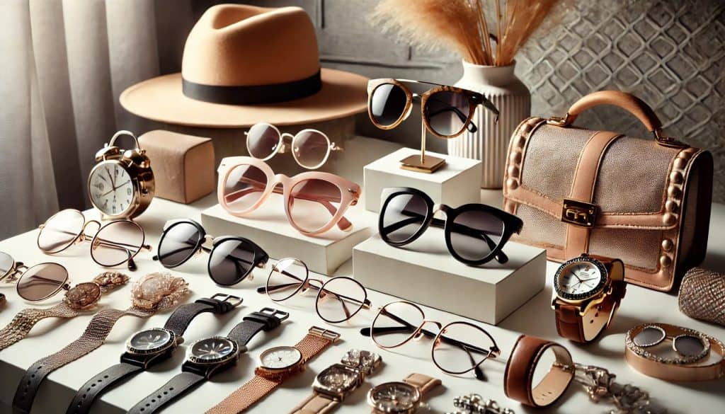 Stylish display of eyewear and accessories, featuring sunglasses, eyeglasses, watches, bracelets, and hats.