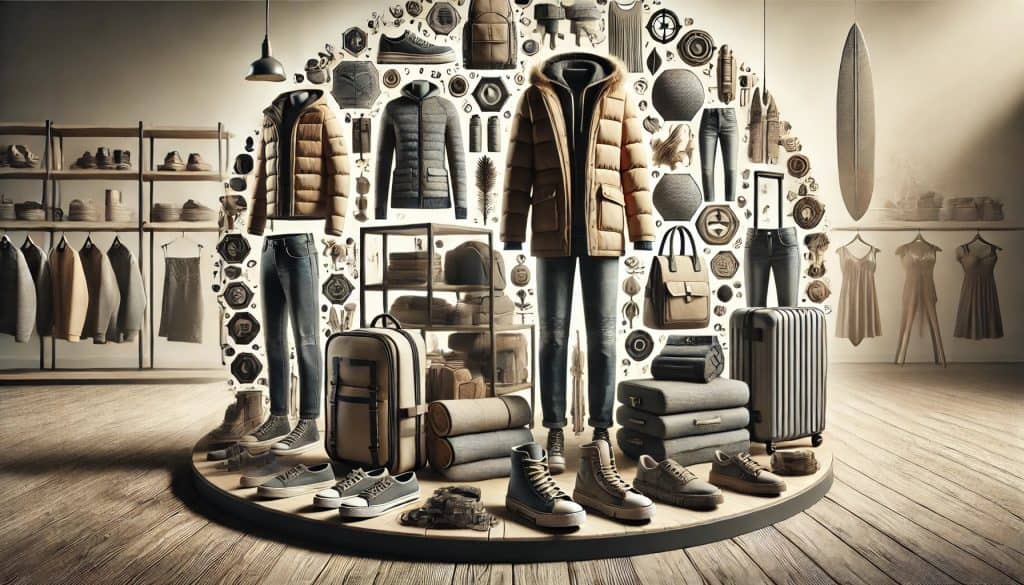 Durable fashion items like jackets, jeans, shoes, and bags displayed in a stylish boutique.