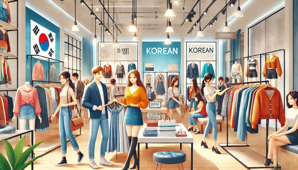 Shoppers enjoying Korean fashion in a vibrant store with trendy outfits, bright lighting, and decor.