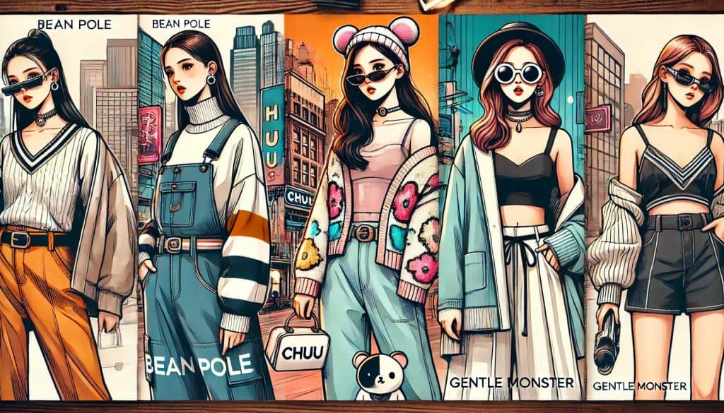 Models showcasing popular Korean fashion trends: a chic urban outfit from Bean Pole, a cute colorful ensemble from Chuu, and a fashionable edgy look with sunglasses from Gentle Monster, set against a modern, vibrant cityscape.