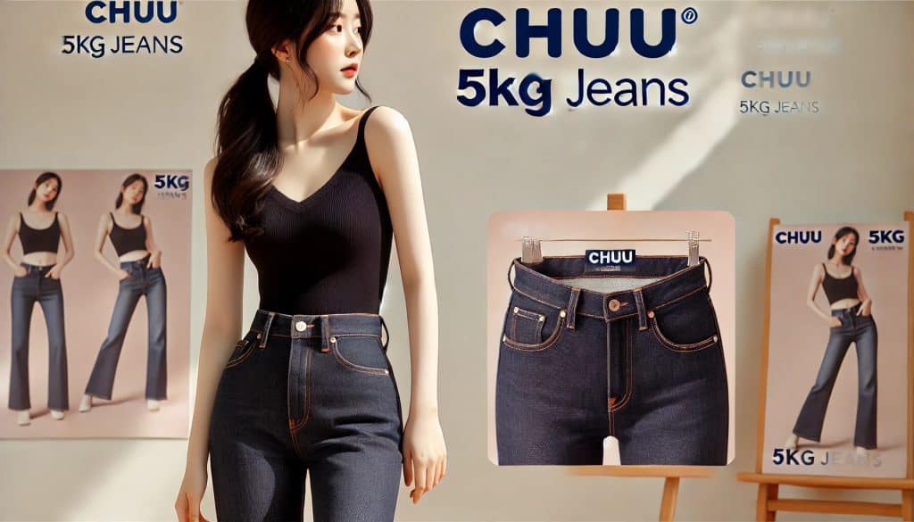 Chuu 5kg Jeans promo image with a young woman in high-waisted jeans and pastel background.