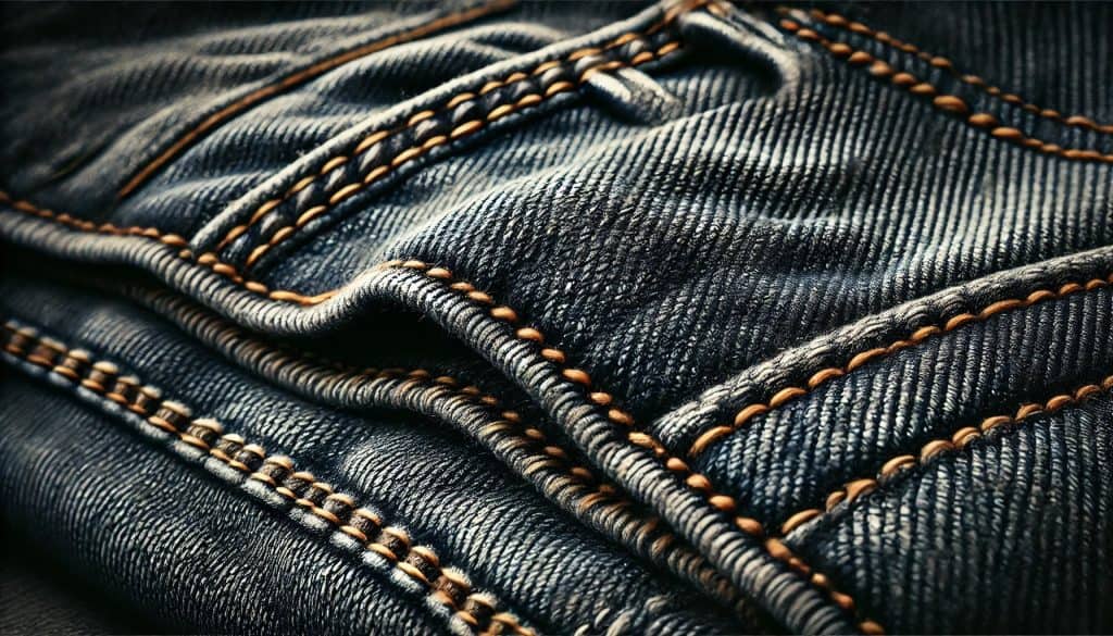 Close-up of jeans fabric and stitching, showcasing detailed texture of denim material and stitching pattern.